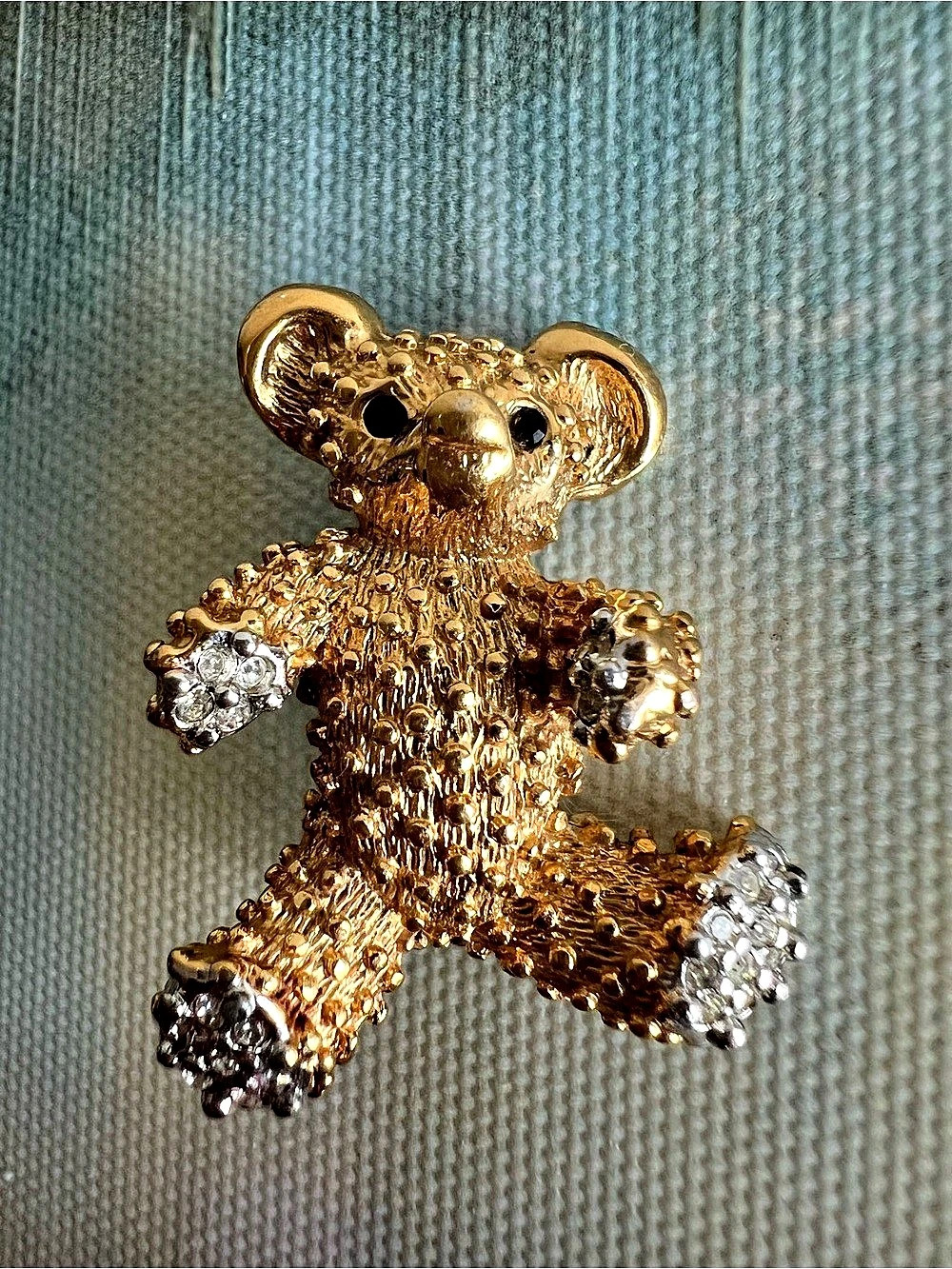 Vintage Butler Gold-Tone Rhinestone Teddy Bear Brooch Pin Designer Costume Jewel
